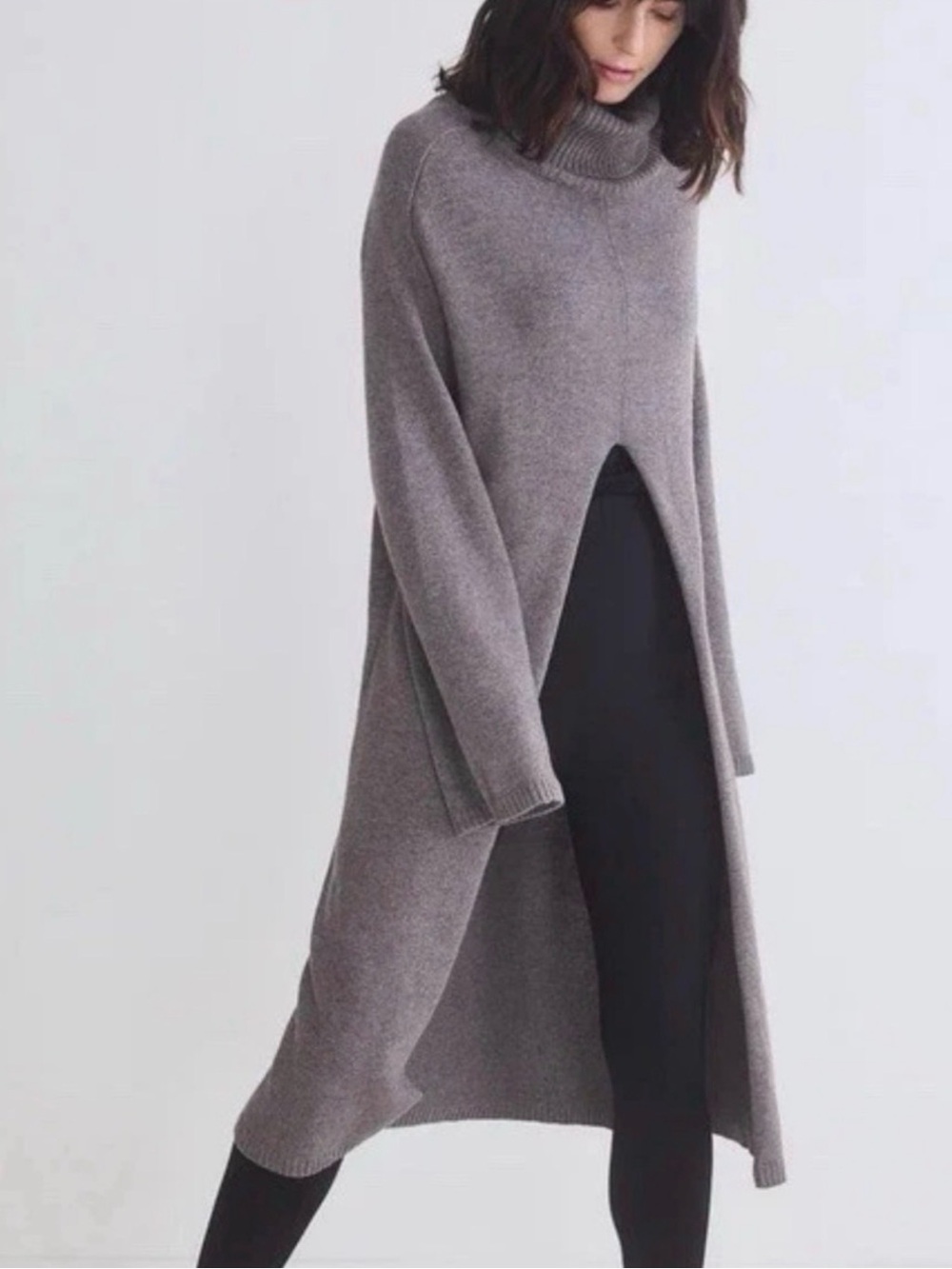 Modern Minimalist Gray Split-Front Turtleneck Sweater Dress